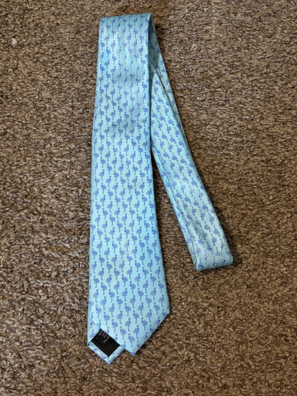 Bespoke Light Blue Tie with Pink Flamingo Motif. Brand new with tags.